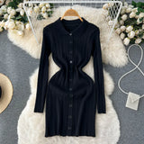 Autumn Striped Knitted Dress Women Lapel Button Sheath Warm Dress Ladies Fashion Solid Elastic Waist Sweater