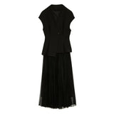 VAREY LIN New Summer Office Lady Two Piece Skirt Set Women V Neck Sleeveless Y2K Sets Top+high Waist A-line Pleated
