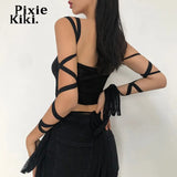 Black Mesh Lace Up Bandage Crop Top Fairy Grunge Aesthetic Clothes Cyber Y2k Mall Goth Tanks Sexy Clothing