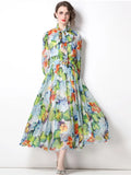 Summer Runway Beach Boho Chiffon Dress Women Bow Collar Floral Printed Elegant Holiday Party Pleated Midi Dress