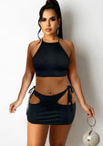 Black Sexy Halter Crop Top and Hollow Mini Skirt Two Piece