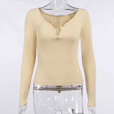 Deep V Neck Ribbed Tops Women's Sexy Long Sleeve Woman Skinny Minimalist Autumn 2021 Basic Korean Solid Chic