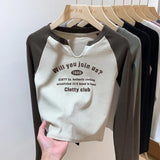 Shoulder V-Collar T-Shirt Women's Long-Sleeved Spring And Autumn Decoration With Threaded Bottomed Shirt And Short High-Waist Chic Blouse-Outfit