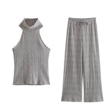 New Hanging Neckless Top Wide Leg Trousers Silk And Trouser