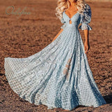 2022 Summer Boho Women Maxi Dresses Sexy Backless Vintage Blue Lace Long Tunic Beach
