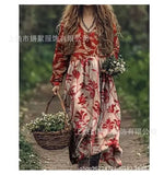 Printed Summer Long-Sleeved Dress Art Retro