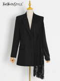 Black Blazer For Women Notched Collar Long Sleeve Patchwork Tassel Hem Solid Blazers Female Korean Fashion
