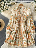 2022 Spring Runway V-Neck Bohemain Short Dress Women Long Lantern Sleeve Single Breasted Floral Print Holiday
