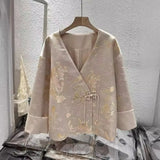 Chinese Style V-Collar Shirt Coat Inclined Door Flap Buckle Tang Dress Blouse Women's 2024 Spring Vintage Popular Shirt-Outfit