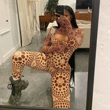 European And American Fashion Women's Wear Autumn New Printed Long Sleeve High Round Neck T-Shirt Tight Flared Pants