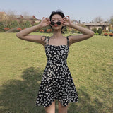 2022 Floral Printed Women's Dress Vintage French Elegant Casual High Waist Thin Off Shoulder Sleeveless Midi Slip