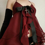 Spice Girl Style Lotus Leaf Edge V-Collar Low-Cut Elegant Net Hanging Neck Bright Red Halter Top 2024-Outfit