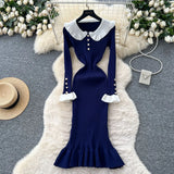 Retro Doll Collar Horn Sleeve Dress Women Autumn Waist Thin Temperament Knitted