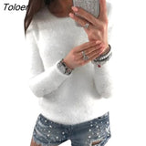 Winter Sweater Women Fashion Faux Pearl Beading Solid Color Sweaters Plush Long Sleeve Pullover Warm Sweater pull