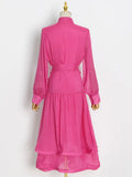Patchwork Layered Ruffle Hem Dress For Women V Neck Long Sleeve High Waist Solid Midi Dresses Female Spring