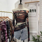 Graffiti-Printed Shoulder-Threin Mesh Long-Sleeved Blouse Side Drawstring Tethered With Slime T-Shirt