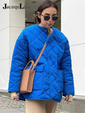 2022 Y2K Blue Warm Quilted Jackets Coats Women O Neck Long Sleeve Fashion Loose Oversize Parkas Jackets Autumn