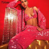Streetwear Women Outfits 3 Piece Sets Sequined Long Sleeve Tops And Wide Legs Pants 2022 Autumn Femme Y2K Matching