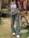 Toloer Wide Leg Broken Hole Jeans Female Spring And Autumn 2024 New Large Size Fat Mm Loose Show Thin Straight Tube Drag Floor Pants-Outfit