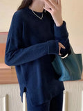 Fashion Knitted Two Piece Sets Solid Long Sleeve O-Neck Split Pullover And Straight Pants Suit Women Casual Loose