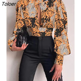 Women Sexy Backless Hollow Print Shirts Fashion Party Crop Top 2023 Spring Casual Stand Long Sleeve Office Lady Blouses And