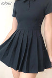 Short Sleeved Navy Dress 2023 New Summer Pleated Short Dresses Slim High Waist Fashion Folds Casual Dress for