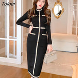 Autumn Vintage Female Knitted Stretch Midi Party Dress Ladies Elegant Streetwear Long Sleeve Bodycon Button Black