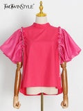 Casual Solid Shirt For Women Stand Collar Loose Short Sleeve Pacthwork Diamonds Tassel Blouses Female Fashion