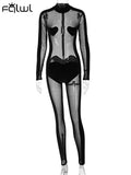 Autumn Sexy Mesh Patchwork Jumpsuit Club Outfit For Women 2023 Long Sleeve See Through One Pieces Female Casual