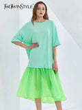 Casual Two Tone Dress For Women Round Neck Short Sleeve Loose Long Dresses Female Fashion New Clothing 2022