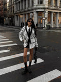 Women's Black And White Stripes Simple Fashion V-Neck Button Knitted Cardigan