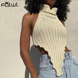 Streetwear Asymmetrical Black Crop Top Women Backless Sleeveless Tops Women 2022 Turtleneck Fashion Knitted Tank Top