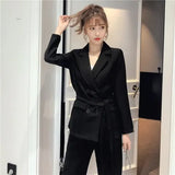 Winter Women Pants Suit Lace Up Notched Blazer Jacket Wide Leg Pants Office Female