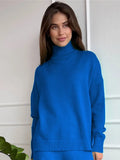 Women Turtleneck Knitted Sweater Set Casual Solid Sweater High Waist Wide Leg Pant Suit 2022 Autumn Fashion Lady Knitwear