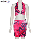 Puss Contrast Low-Neck Women Wild Matching Set Halter Bandage Crop Top And Skirts Summer Sexy Backless Streetwear