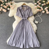 Summer Vintage Women Pleated Dress Red/Pink/Brown Turn-Down Collar Short Sleeve High Waist Casual Draped A-Line Vestido New
