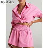 Women Tracksuits Shirt with Mini Shorts 100% Cotton Two Pieces Sets Fashion Outfits Women Blouses Short Sets