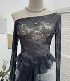 Millennial Y2k Babes Oblique Shoulder Thin Mesh Print Top Irregular Lotus Leaf Side Ribbon Short T-Shirt