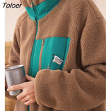 Women Fleece Thick Coat 2022 Winter Long Sleeve Stand Collar Loose Jacket Vintage Print Warm Casual Outwear