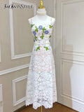 Patchwork Embroidery Camisole Dress For Women V Neck Sleeveless Cut Out High Waist Midi Dresses Female 2022