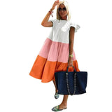Patchwork Hit Color Dress Women O Neck Half Sleeve Oversize Casual Midi Dresses Female Summer