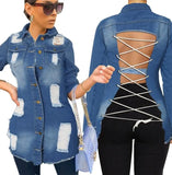 Casual Blue Ripped Bandage Long Sleeve Jeans