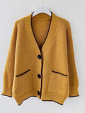 Temperament V-Neck Long-Sleeved Open-Shirted Women's Sweater Bump-Colored Bag Side With Pocket Casual