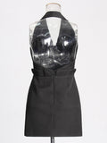 2025 Spring New Fashion Temperament Hanging Neck Deep V Bare Back To The Waist Thin Pocket Splicing High-Sense Dress