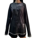 Women Gothic Fake Two-Piece T-shirts Fall Winter 2024 Vintage Top Clothes y2k Graphic Korean Style Long Sleeve Top Streetwear-Outfit
