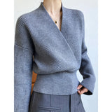 Women's Cross V-neck Wrap Knit Sweater Short Elastic Waist Long Sleeve