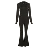 Summer Y2K Solid Black Basic Bodysuit for Women Fashion Long Sleeves Halter Backless Flare Pants Simple Casual