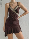 Lace Trim Shiny Y2K Mini Dress Cute Insta Outfits Sleeveless V Neck Sexy Sundress Irregular Pleated Hem Kawaii