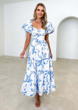 Spring Summer New Temperament Printing Bubble Sleeve High-End Dress