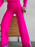 Women Casual Contrast Slit Sweater Suits O-Neck Knitted Pullover And Wide Leg Pants Female 2 Piece Set Elegant Warm Lilac